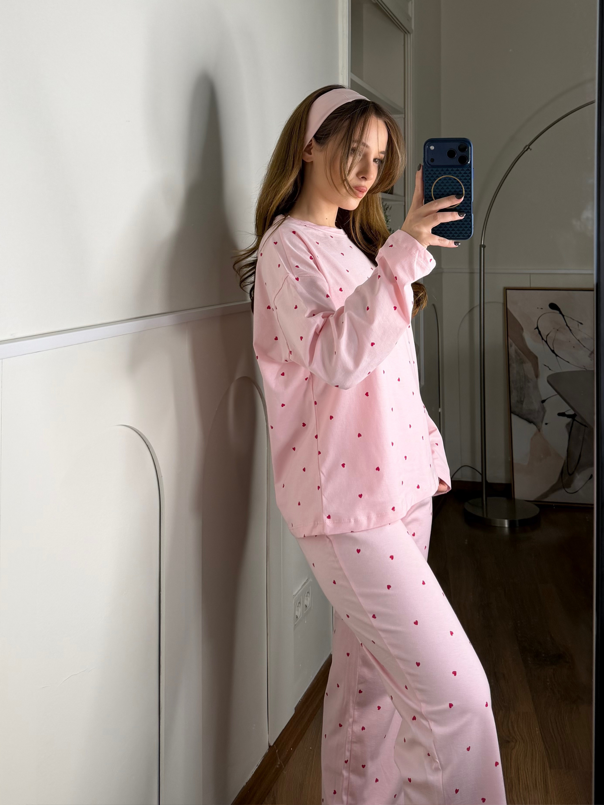 Minik Kalp Desenli Pembe Pijama Takımı