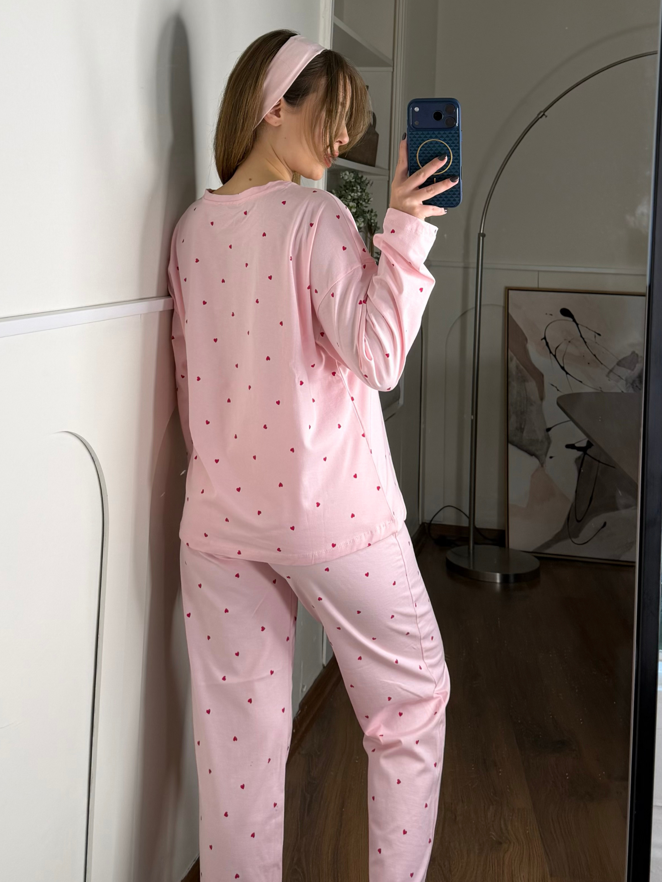 Minik Kalp Desenli Pembe Pijama Takımı