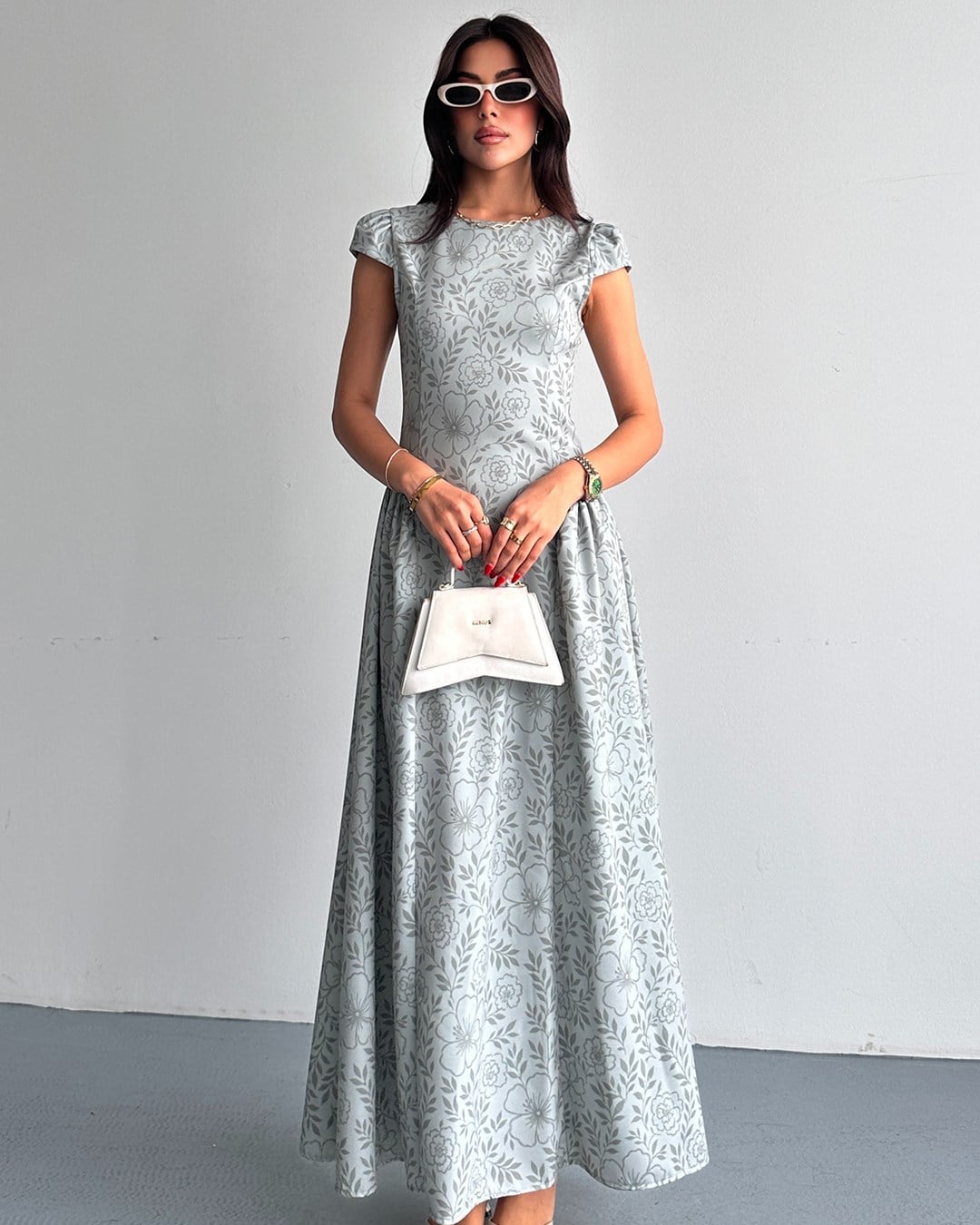 Mint Çiçek Desenli Maxi Elbise