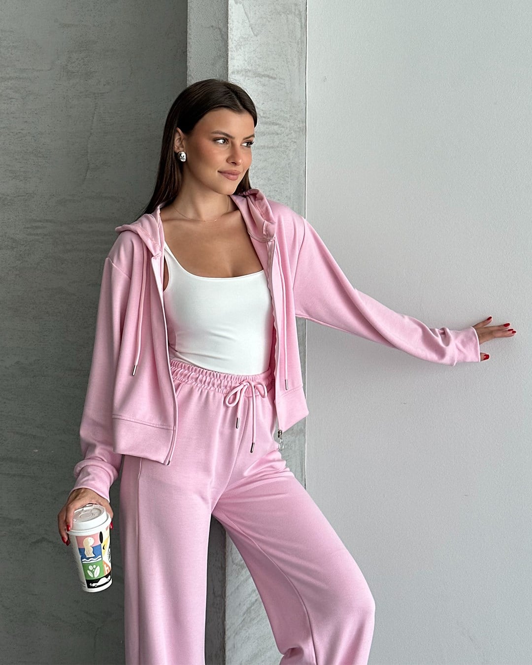 Modal Fermuarlı Kapüşonlu Pembe Eşofman Takımı