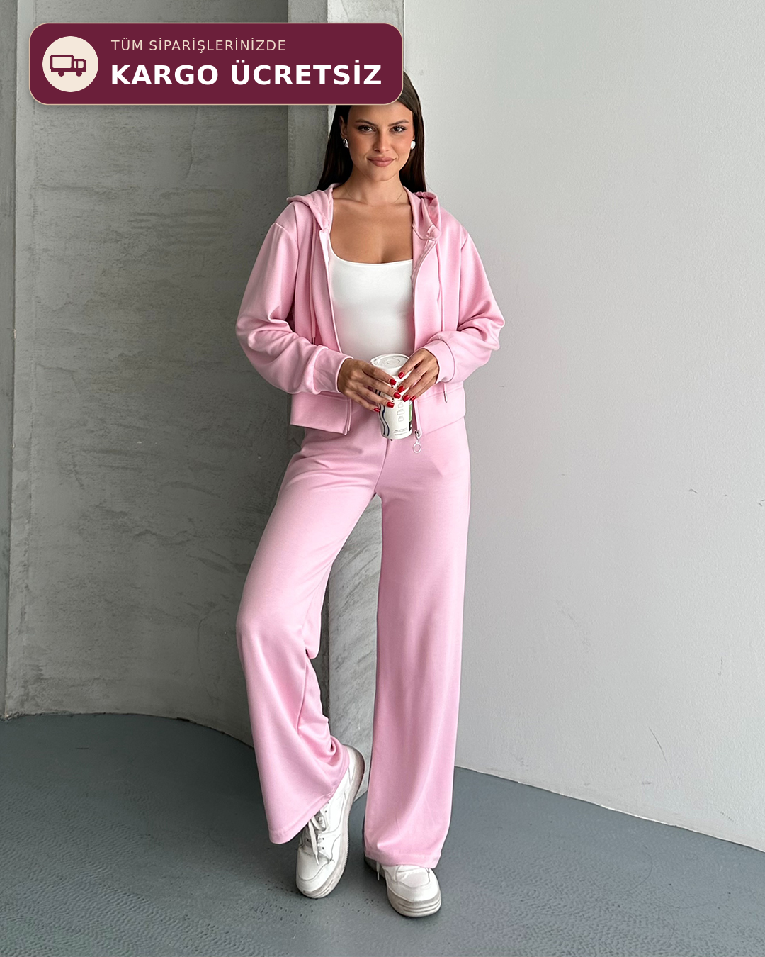 Modal Fermuarlı Kapüşonlu Pembe Eşofman Takımı