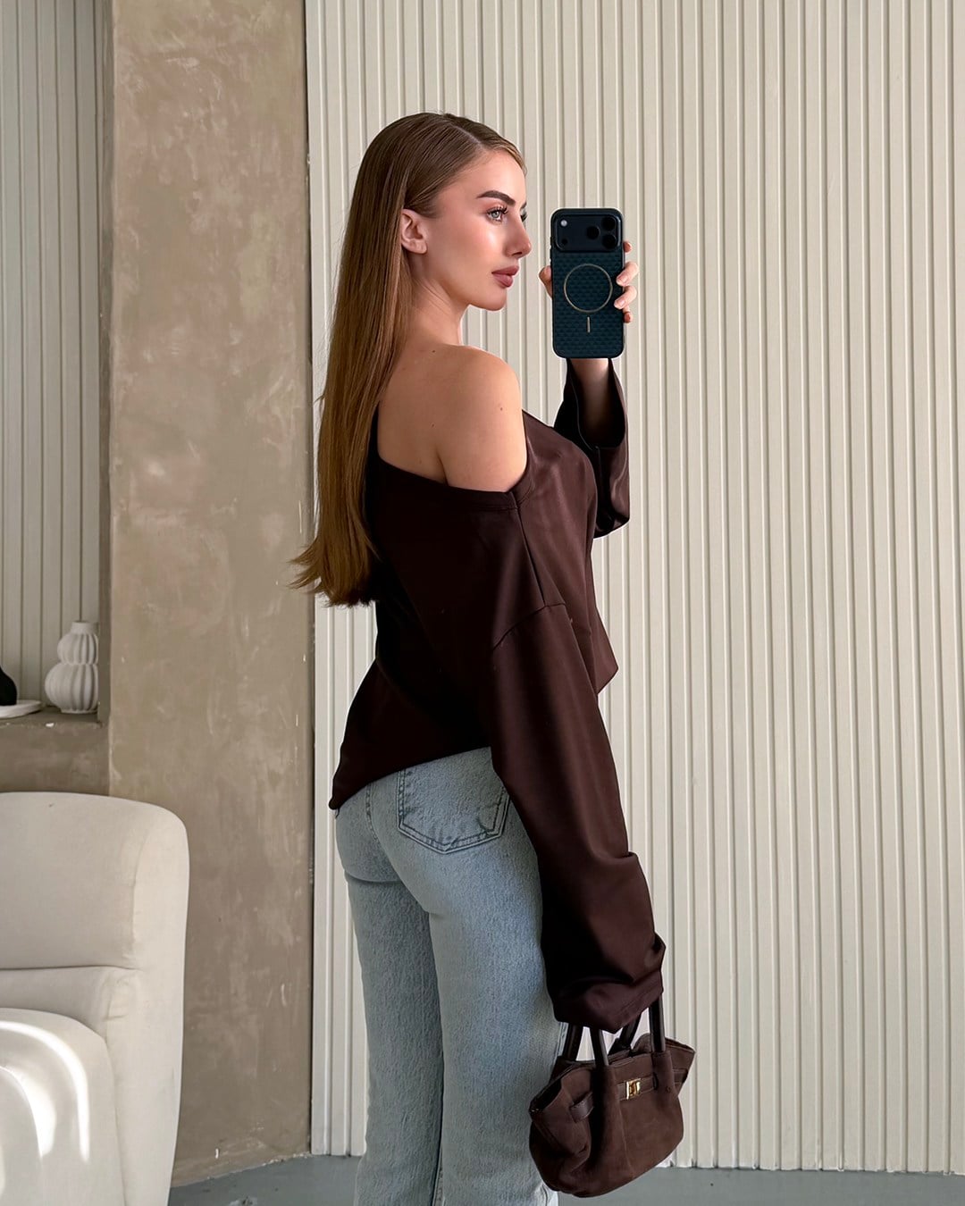 Mona Kayık Yaka Kahverengi Sweatshirt