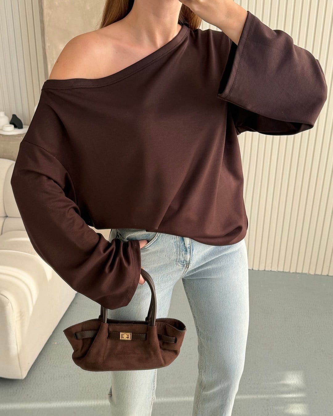 Mona Kayık Yaka Kahverengi Sweatshirt
