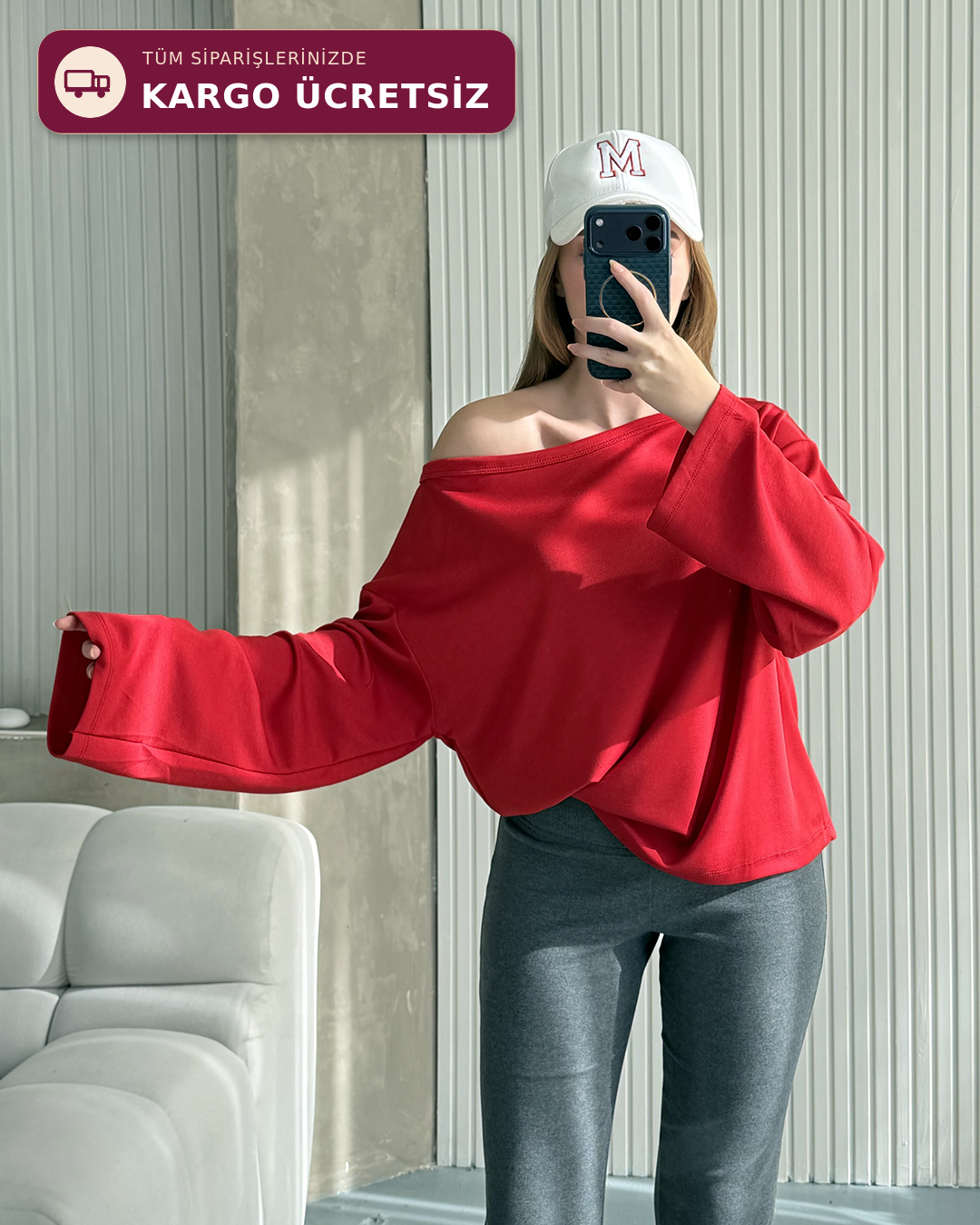 Mona Kayık Yaka Kırmızı Sweatshirt