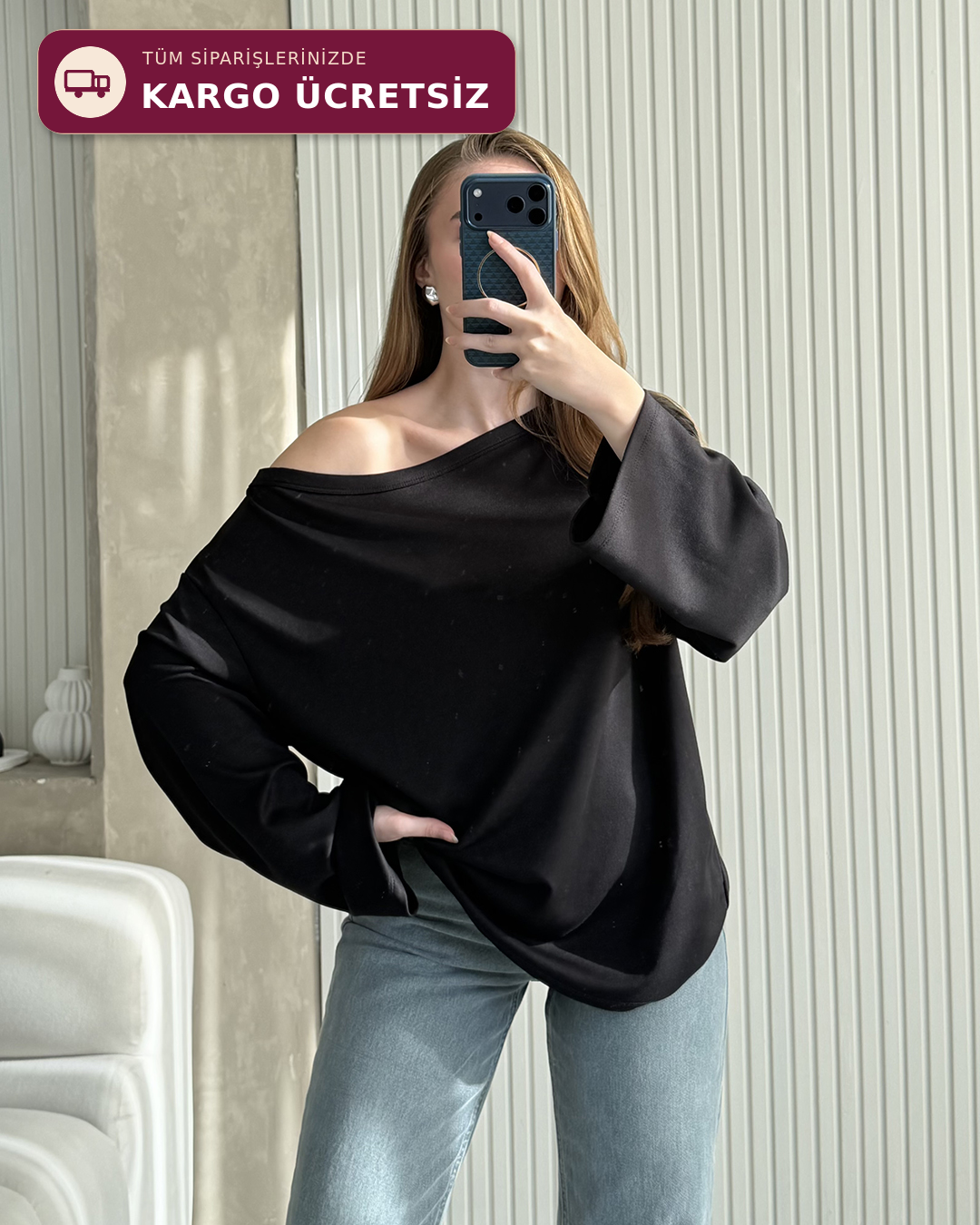 Mona Kayık Yaka Siyah Sweatshirt