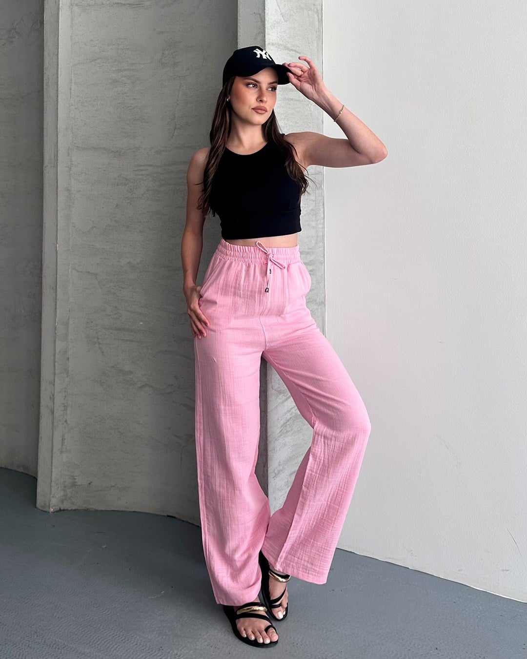 Müslin Pembe Palazzo Pantolon