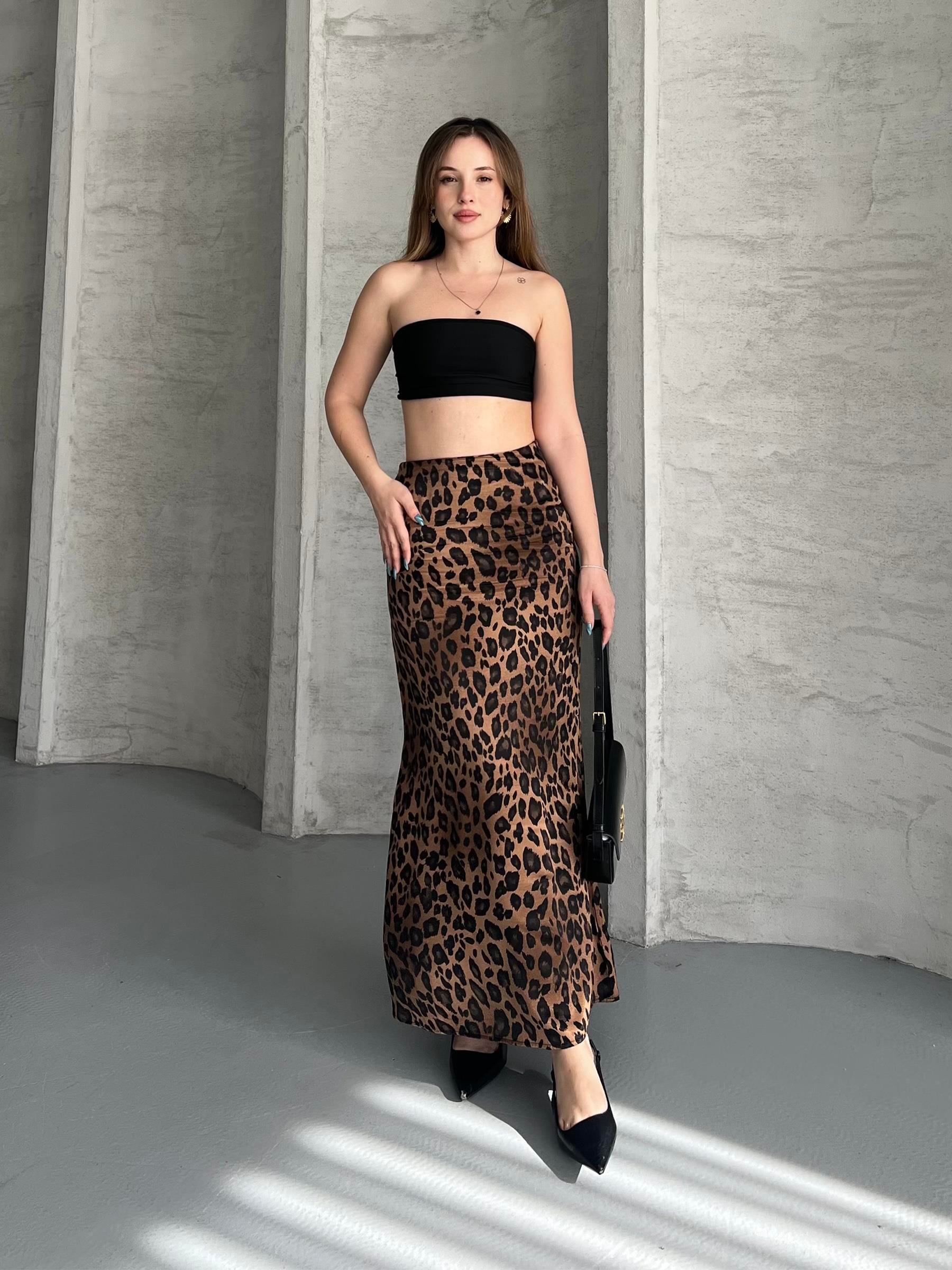 New Leopar Desenli Saten Etek