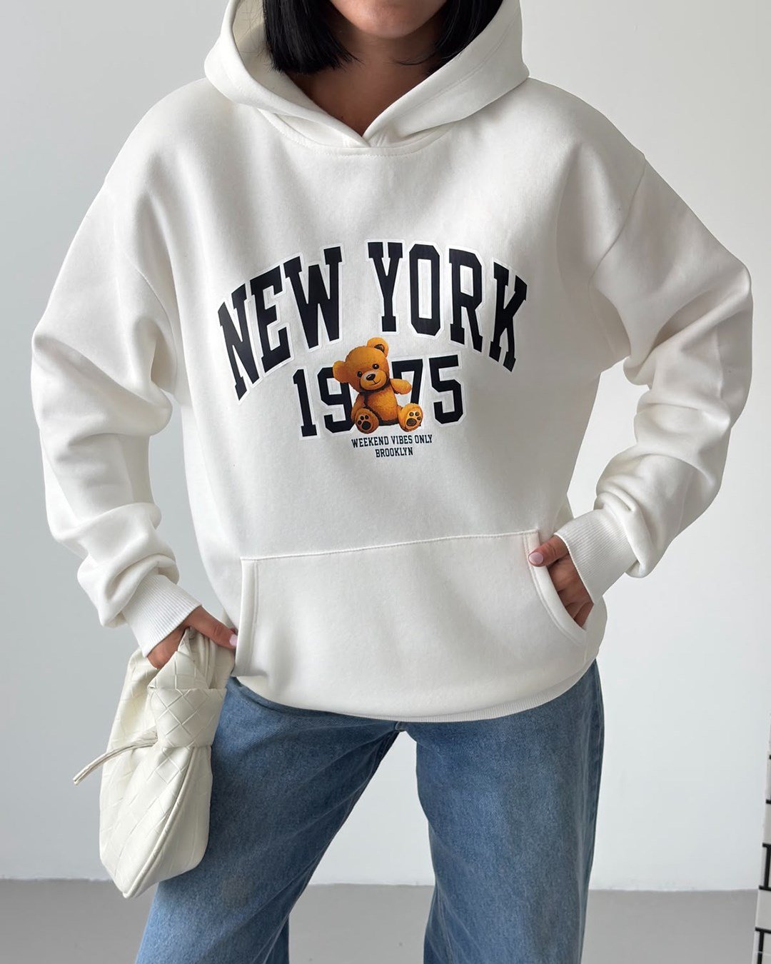 New York Oversize Kapüşonlu Beyaz Sweatshirt