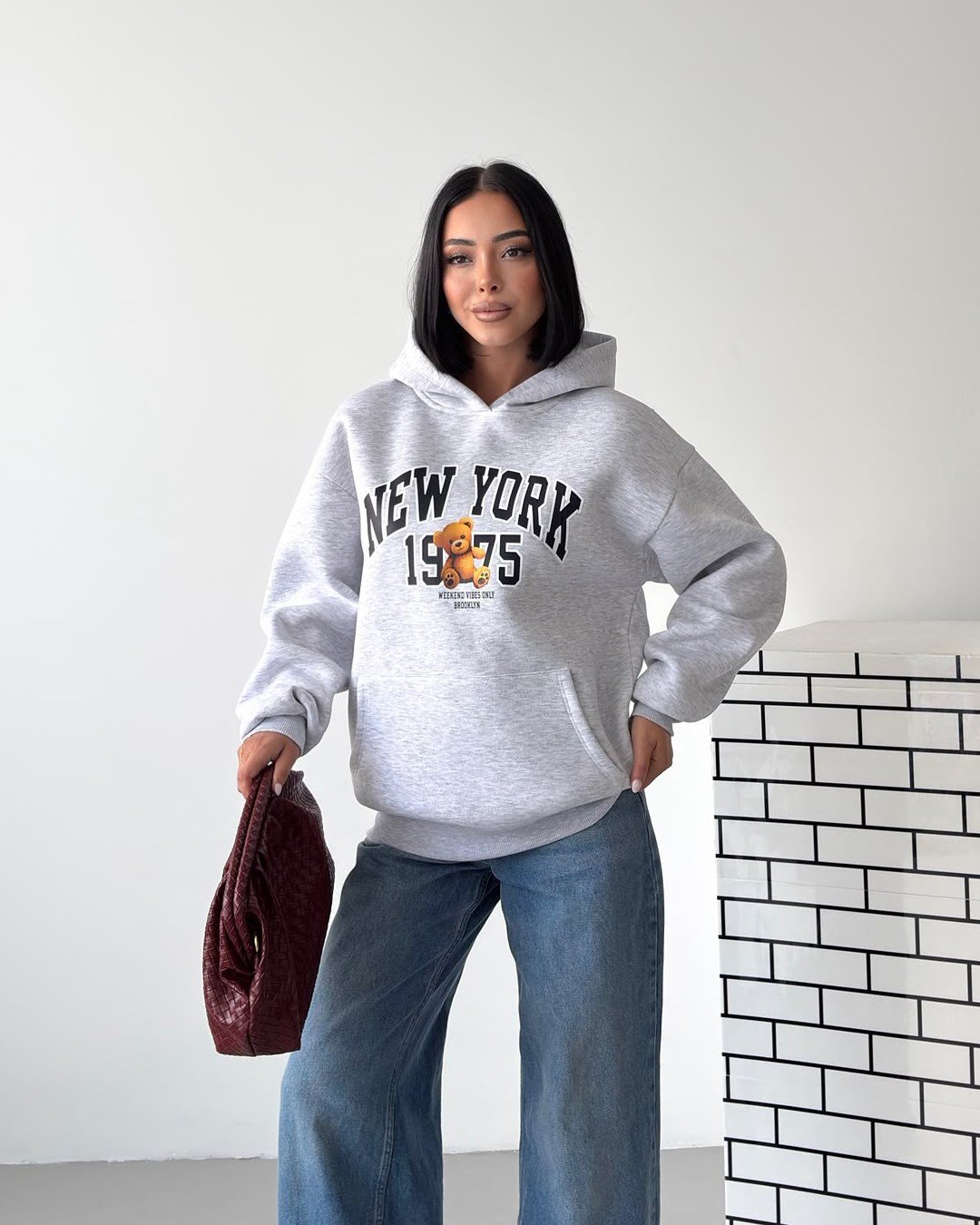 New York Oversize Kapüşonlu Melanj Sweatshirt