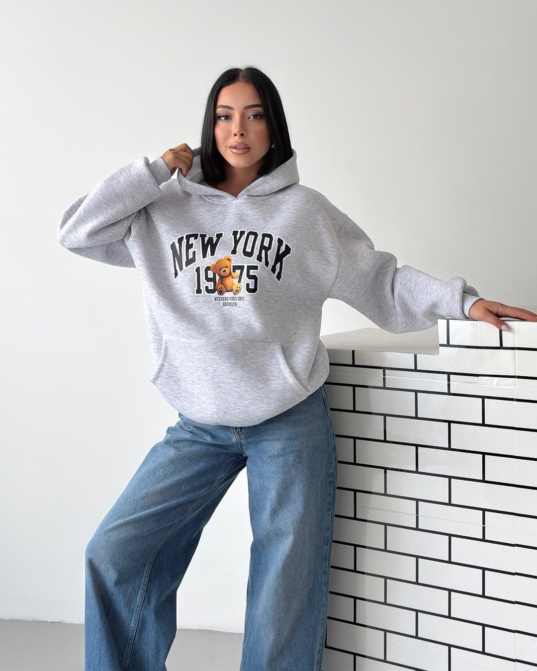 New York Oversize Kapüşonlu Melanj Sweatshirt