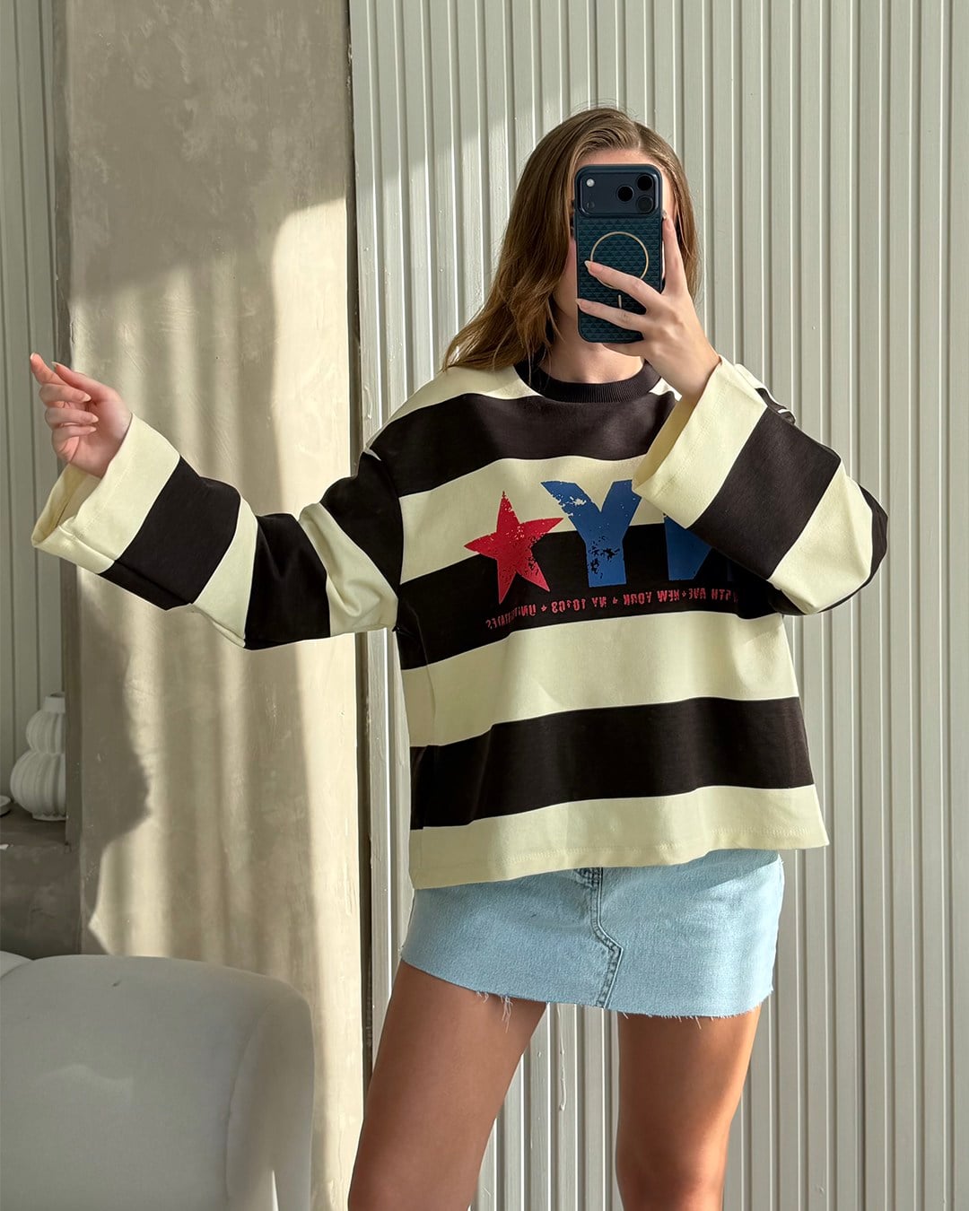 NY Star Çizgili Ekru Sweatshirt