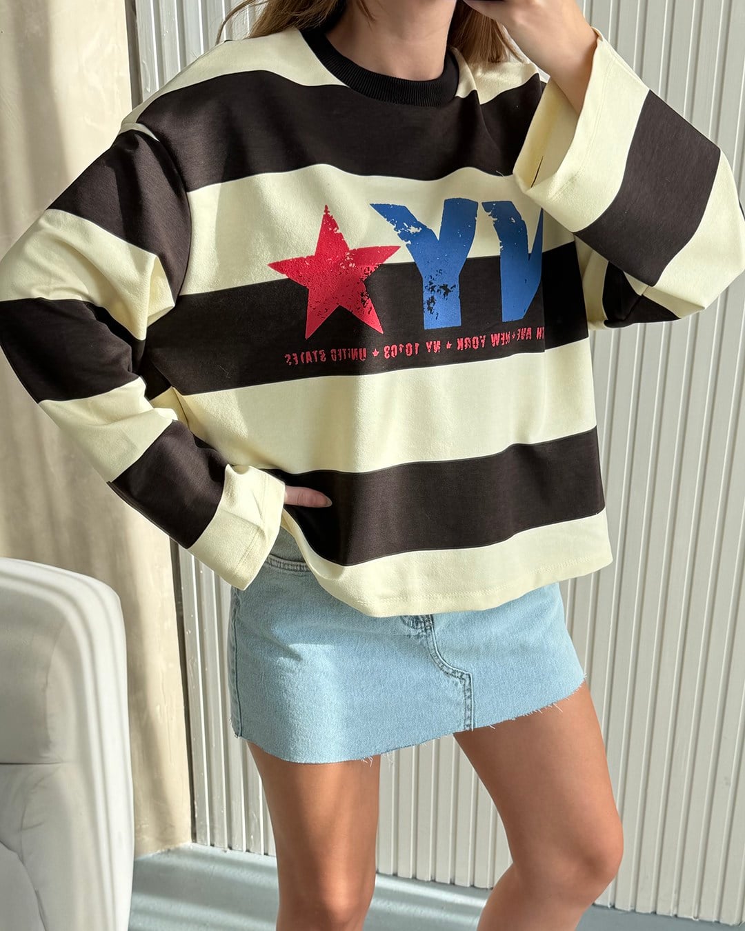 NY Star Çizgili Ekru Sweatshirt