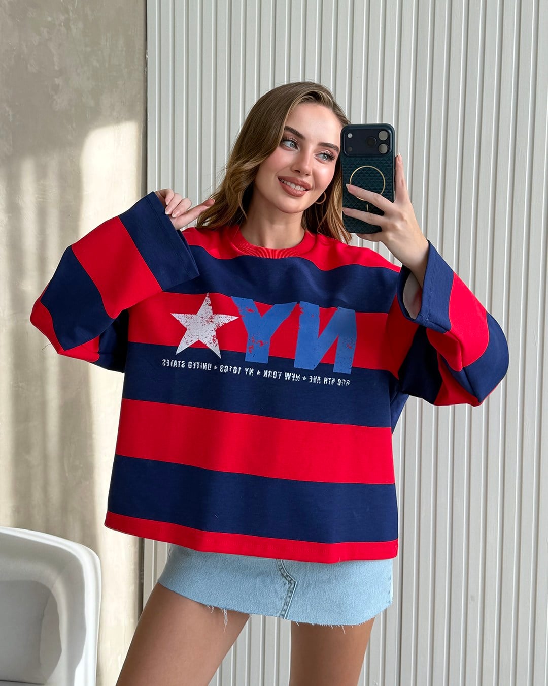 NY Star Çizgili Kırmızı Sweatshirt
