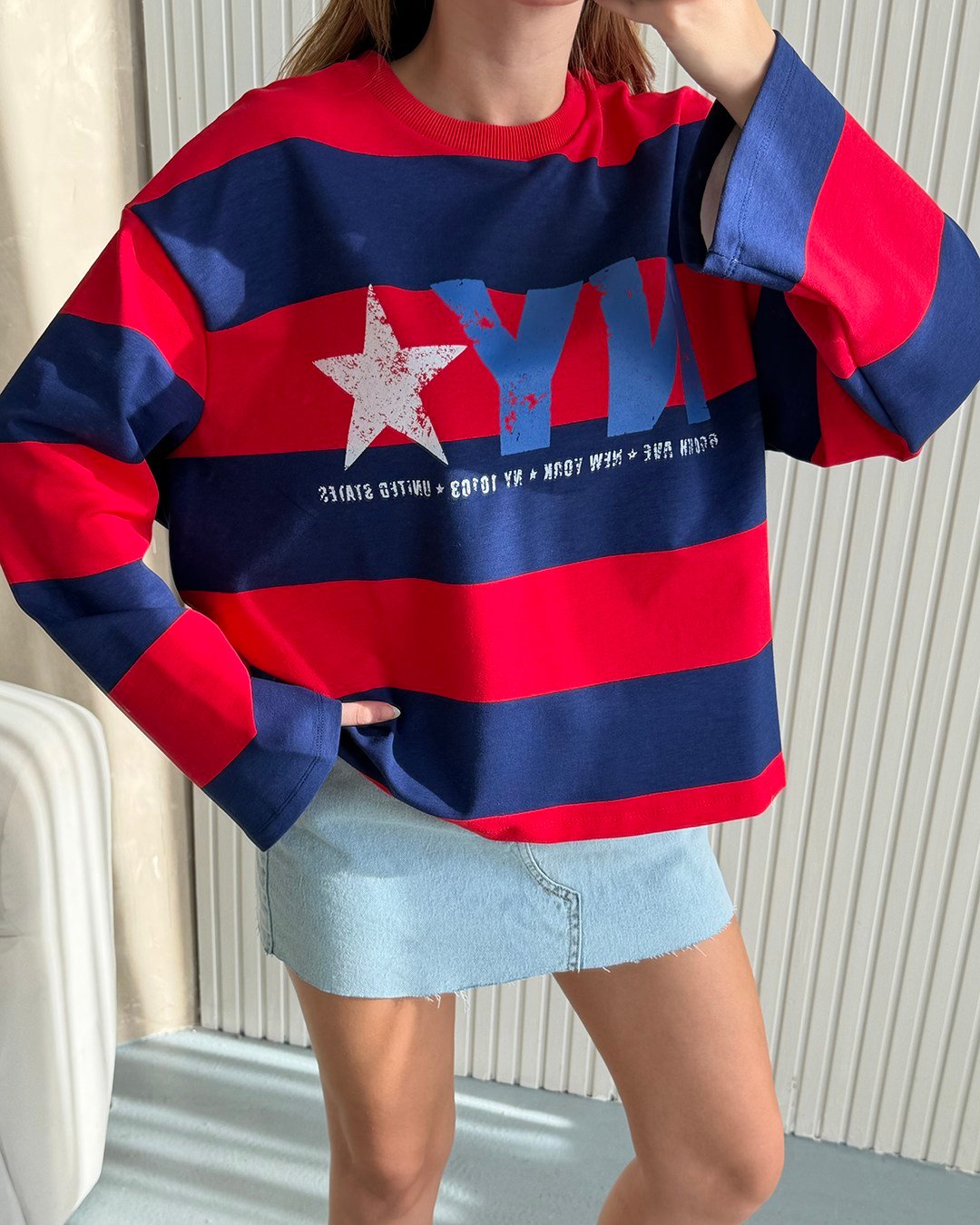 NY Star Çizgili Kırmızı Sweatshirt