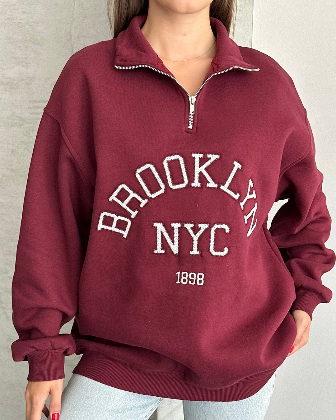 NYC Brooklyn Nakışlı Fermuar Yaka Bordo Sweatshirt