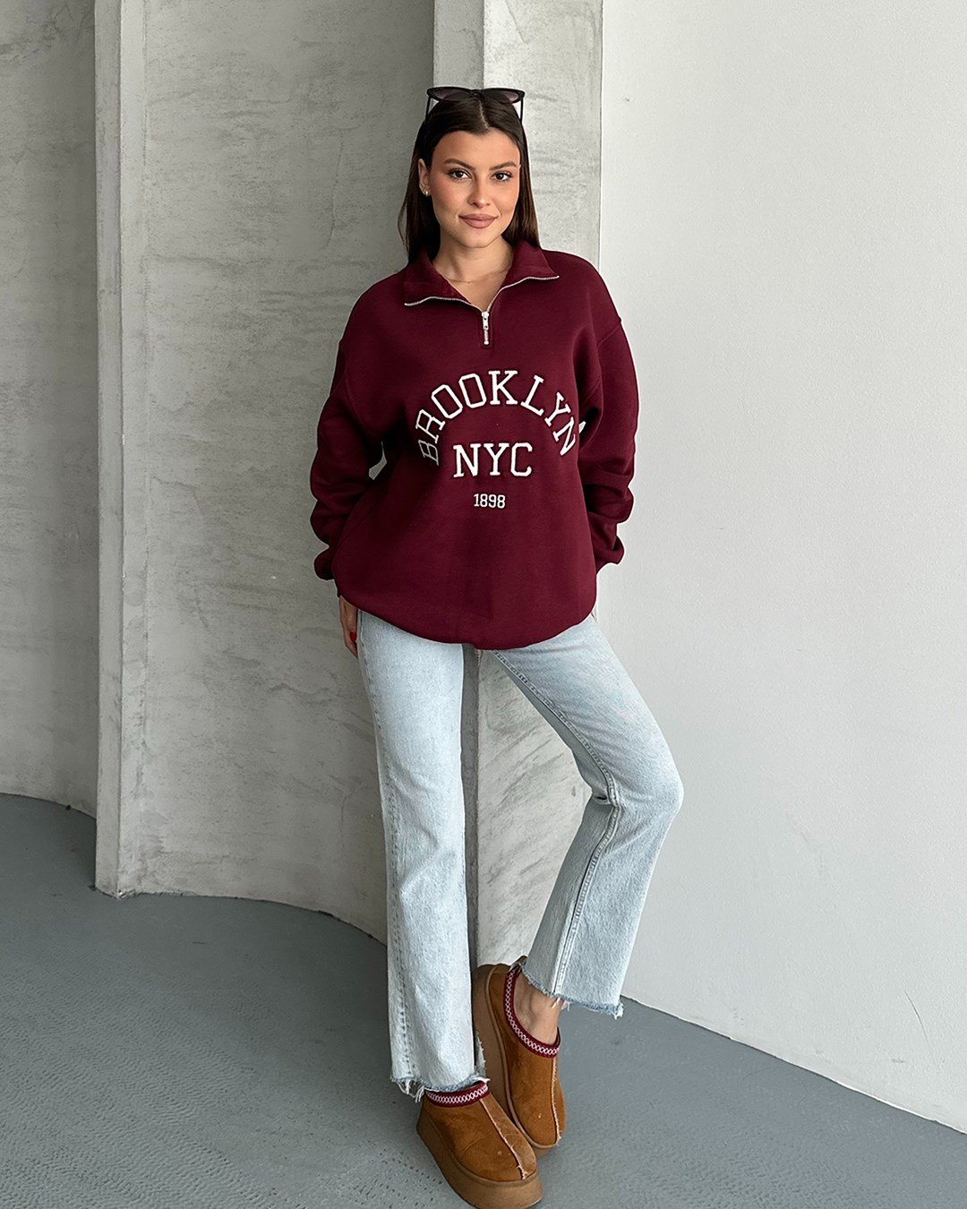 NYC Brooklyn Nakışlı Fermuar Yaka Bordo Sweatshirt