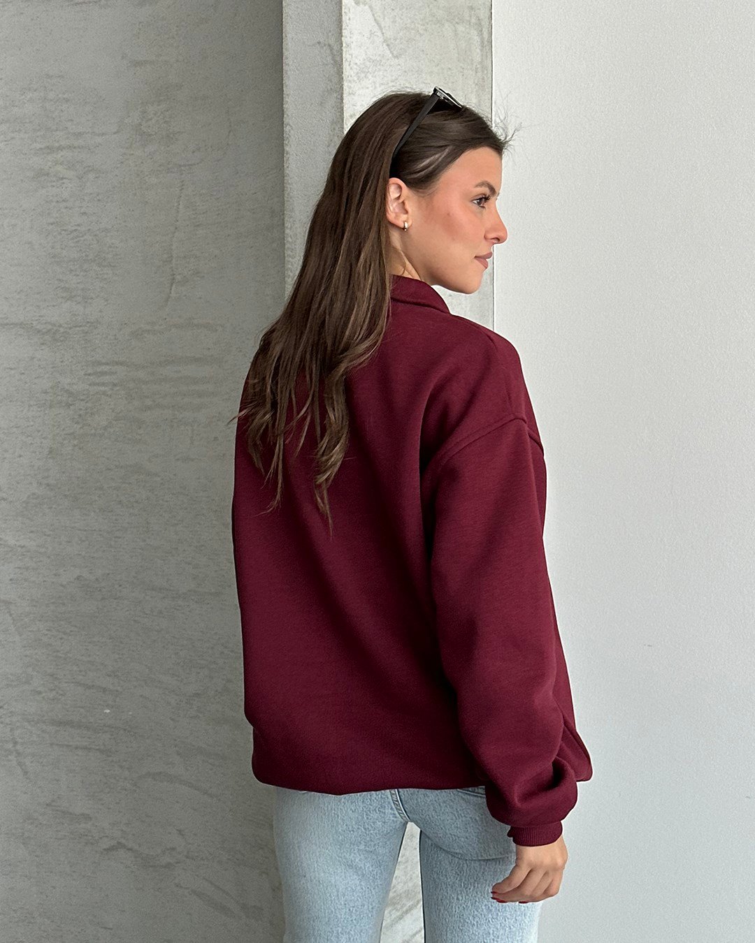 NYC Brooklyn Nakışlı Fermuar Yaka Bordo Sweatshirt