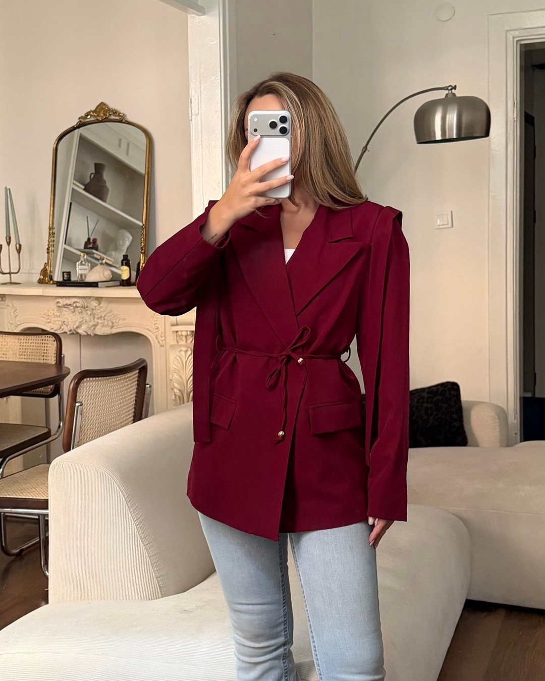 Omuz Detaylı Belden Kuşaklı Bordo Blazer Ceket