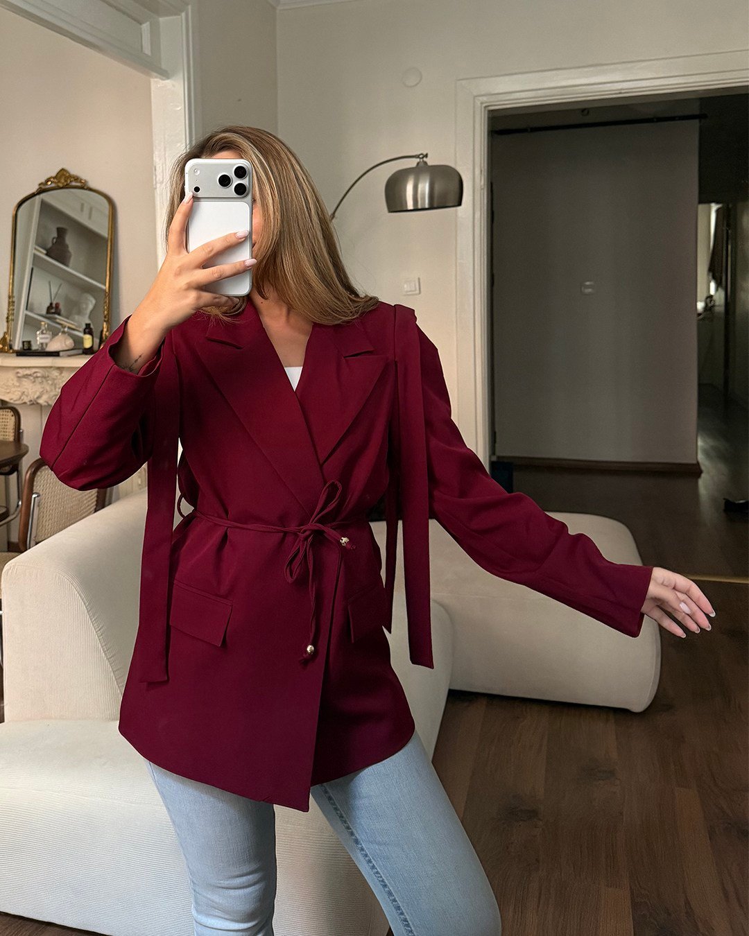 Omuz Detaylı Belden Kuşaklı Bordo Blazer Ceket