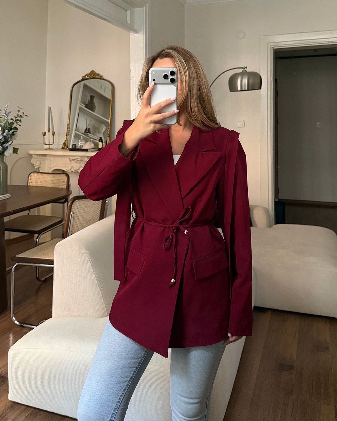 Omuz Detaylı Belden Kuşaklı Bordo Blazer Ceket