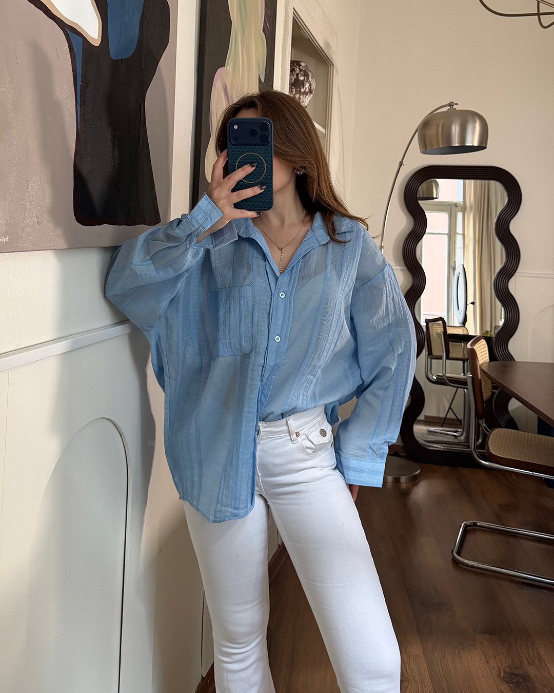 Oversize Mavi Transparan Gömlek