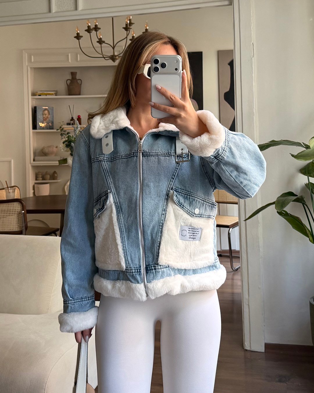 Peluş Cepli Tokalı Denim Ceket