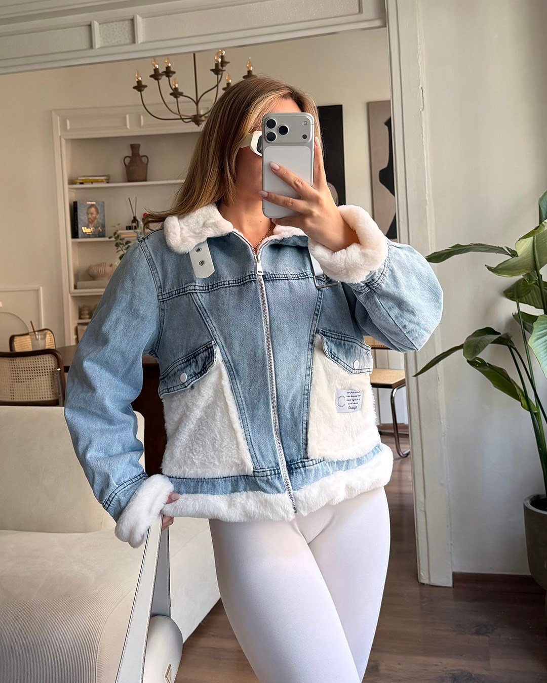 Peluş Cepli Tokalı Denim Ceket