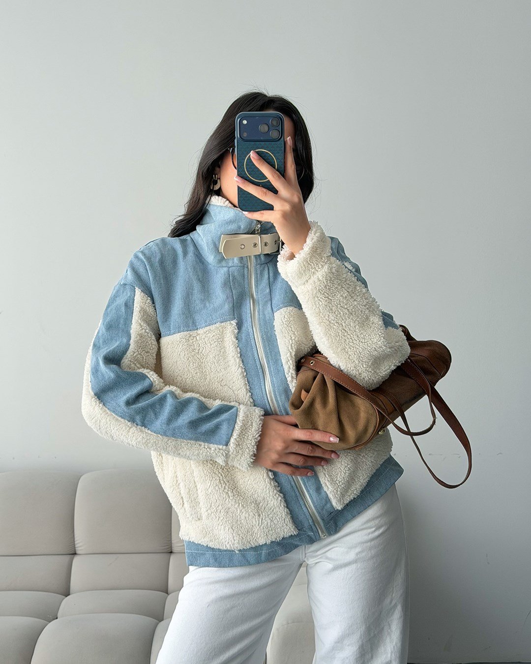Peluş Detaylı Fermuarlı Kot Ceket