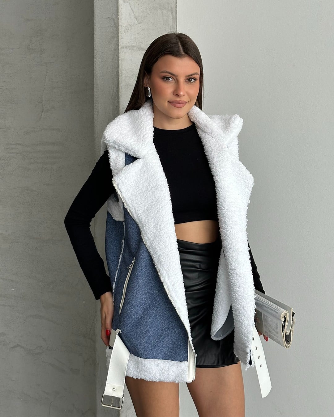 Peluş Kemerli Denim Yelek