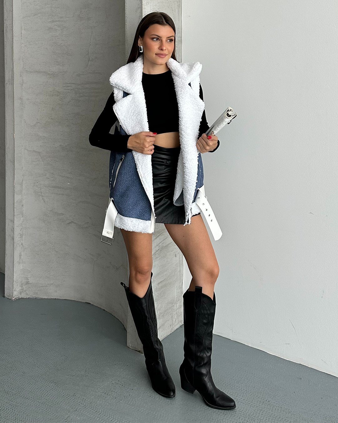 Peluş Kemerli Denim Yelek