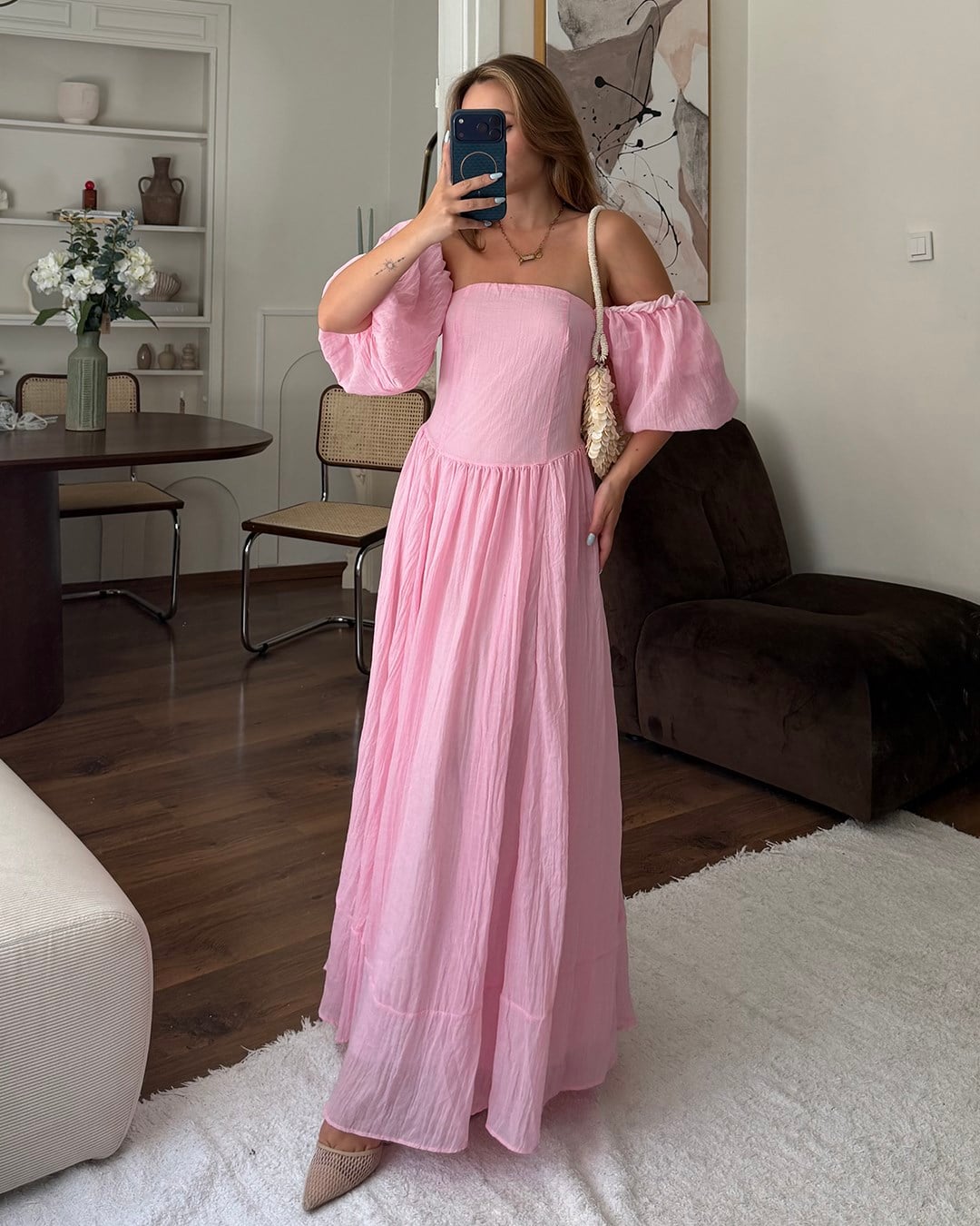 Pembe Balon Kol Maksi Elbise