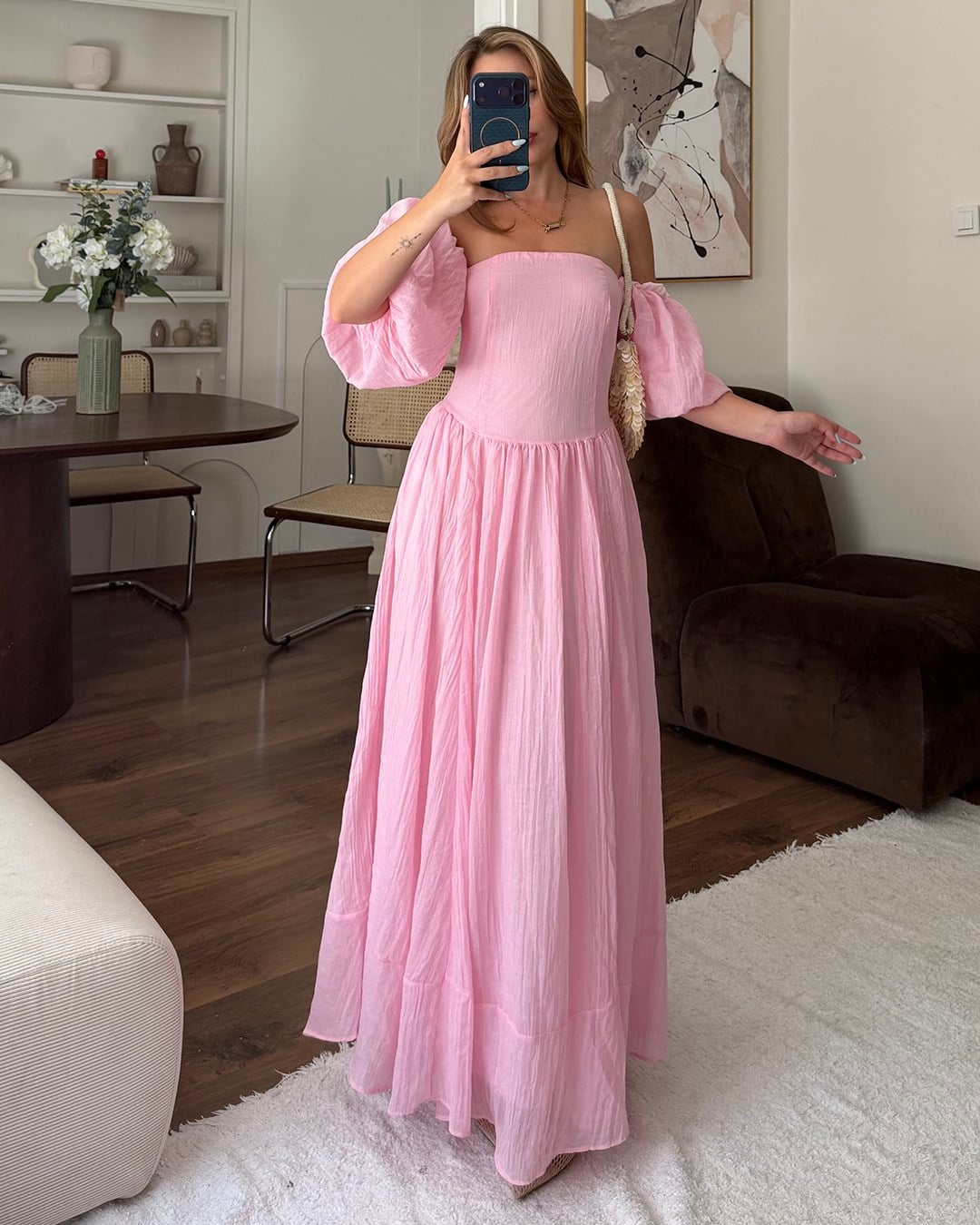 Pembe Balon Kol Maksi Elbise