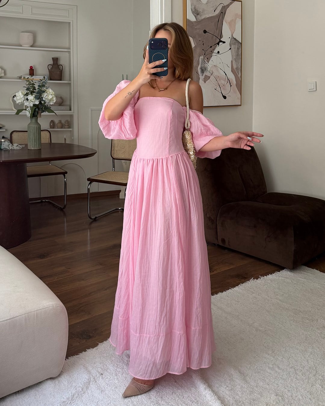 Pembe Balon Kol Maksi Elbise