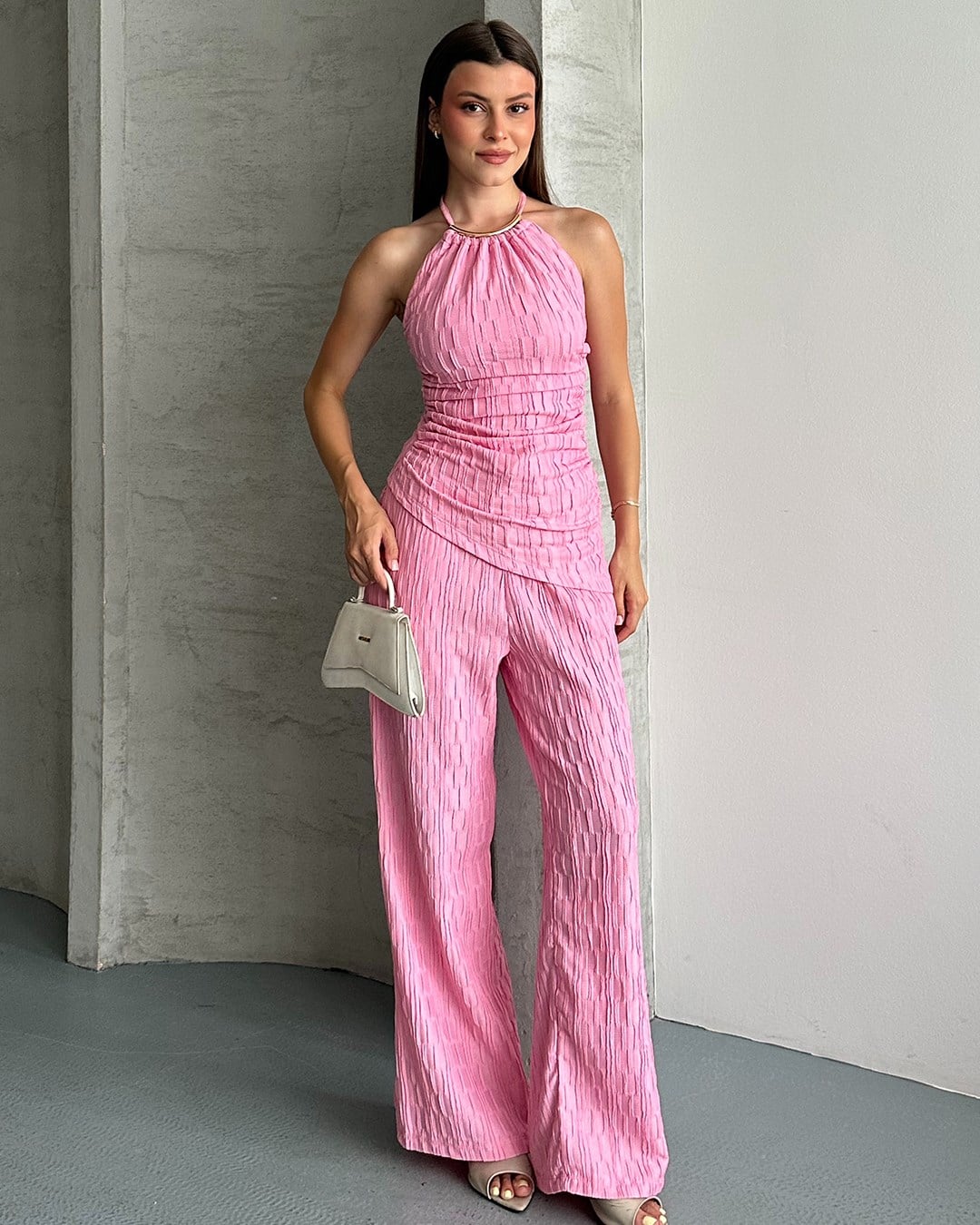 Pembe Bürümcük Halter Yaka Pantolon Takım