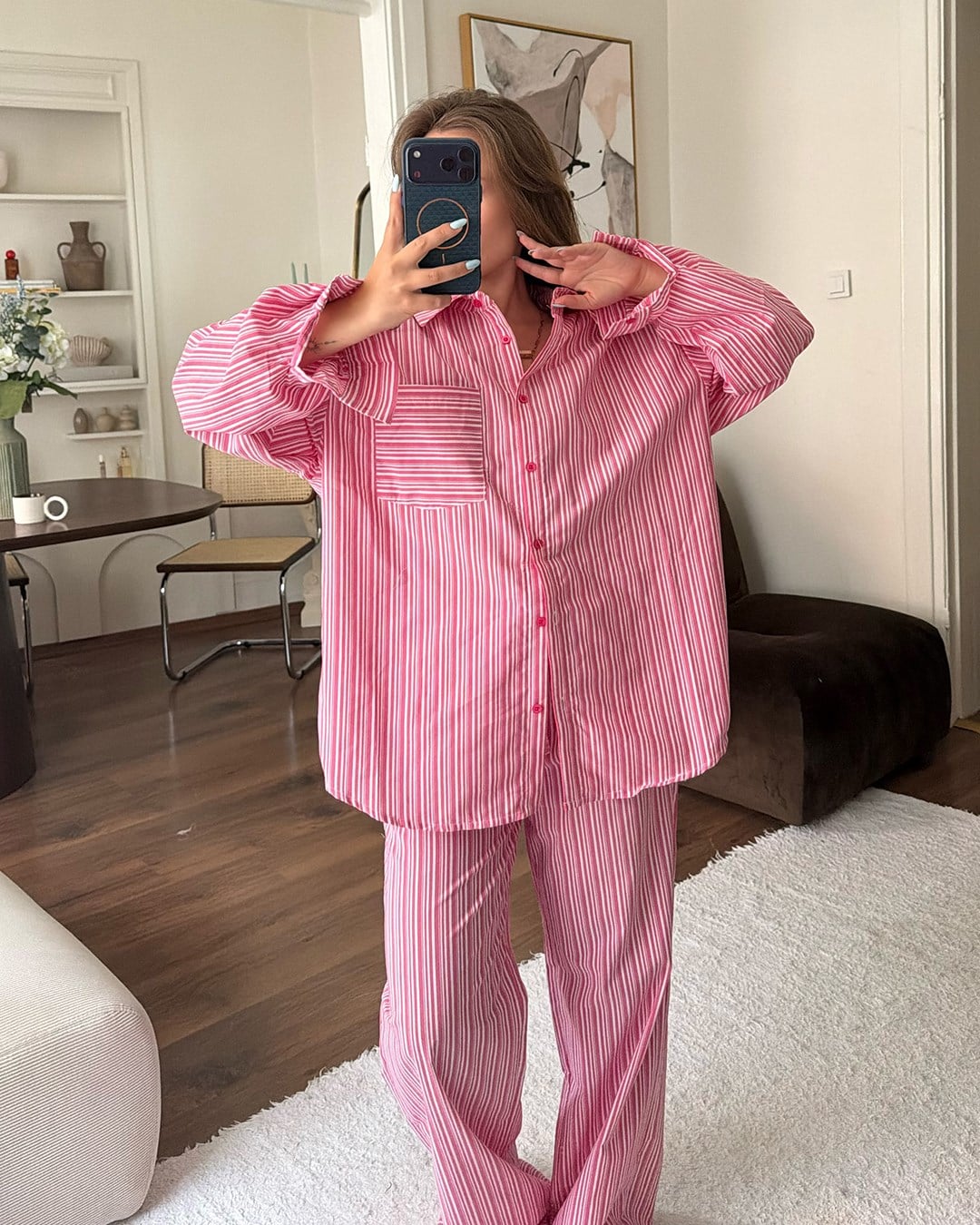 Pembe Çizgili Oversize Gömlek Pantolon Takım
