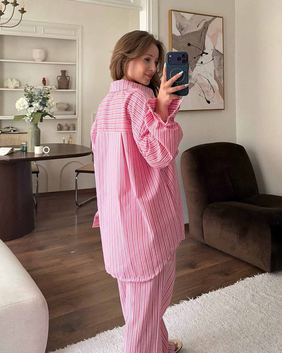 Pembe Çizgili Oversize Gömlek Pantolon Takım