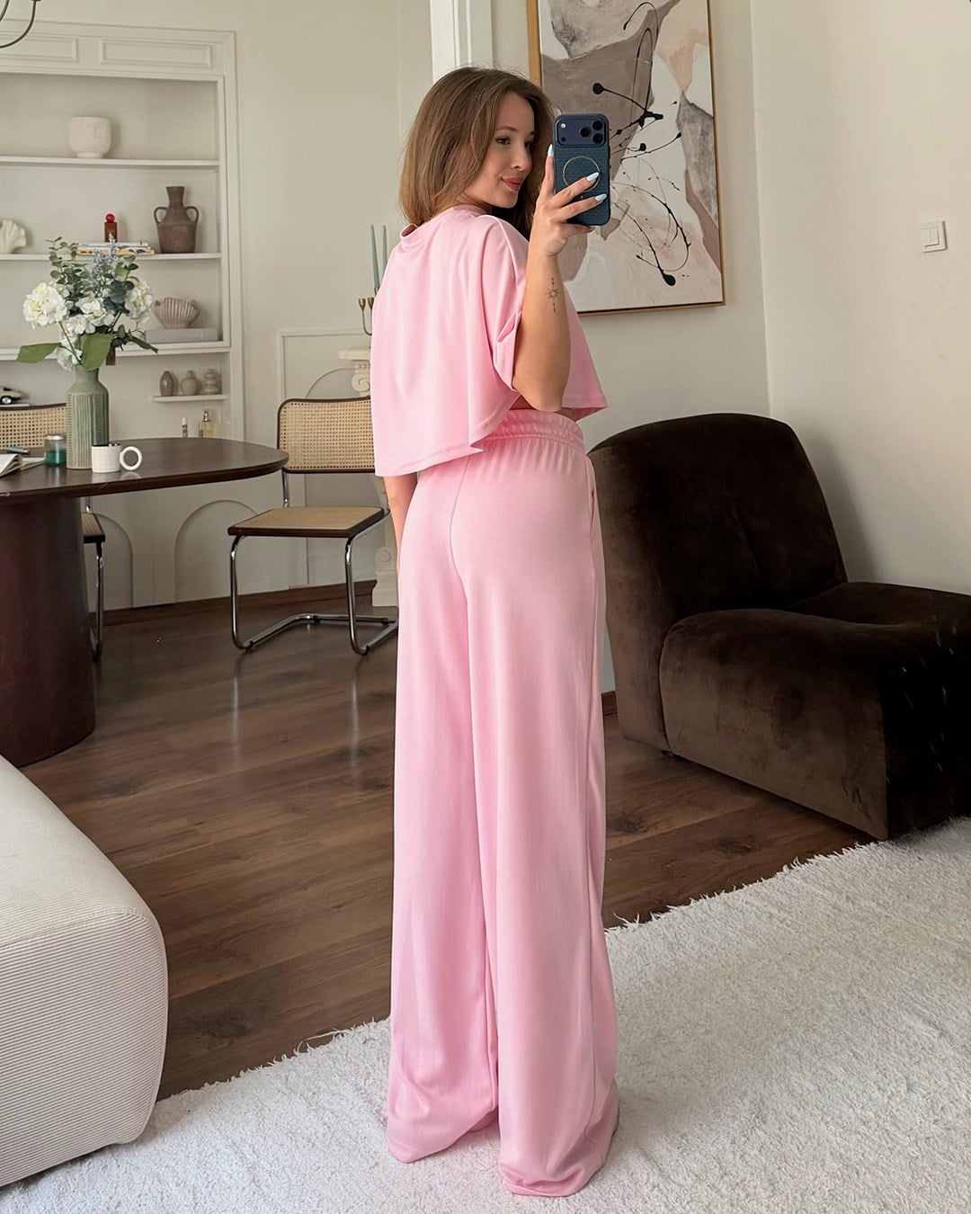 Pembe Crop Beli Lastikli Eşofman Takımı
