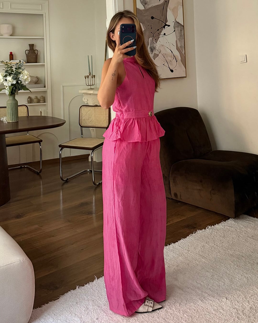 Pembe Halter Yaka Peplum Takım