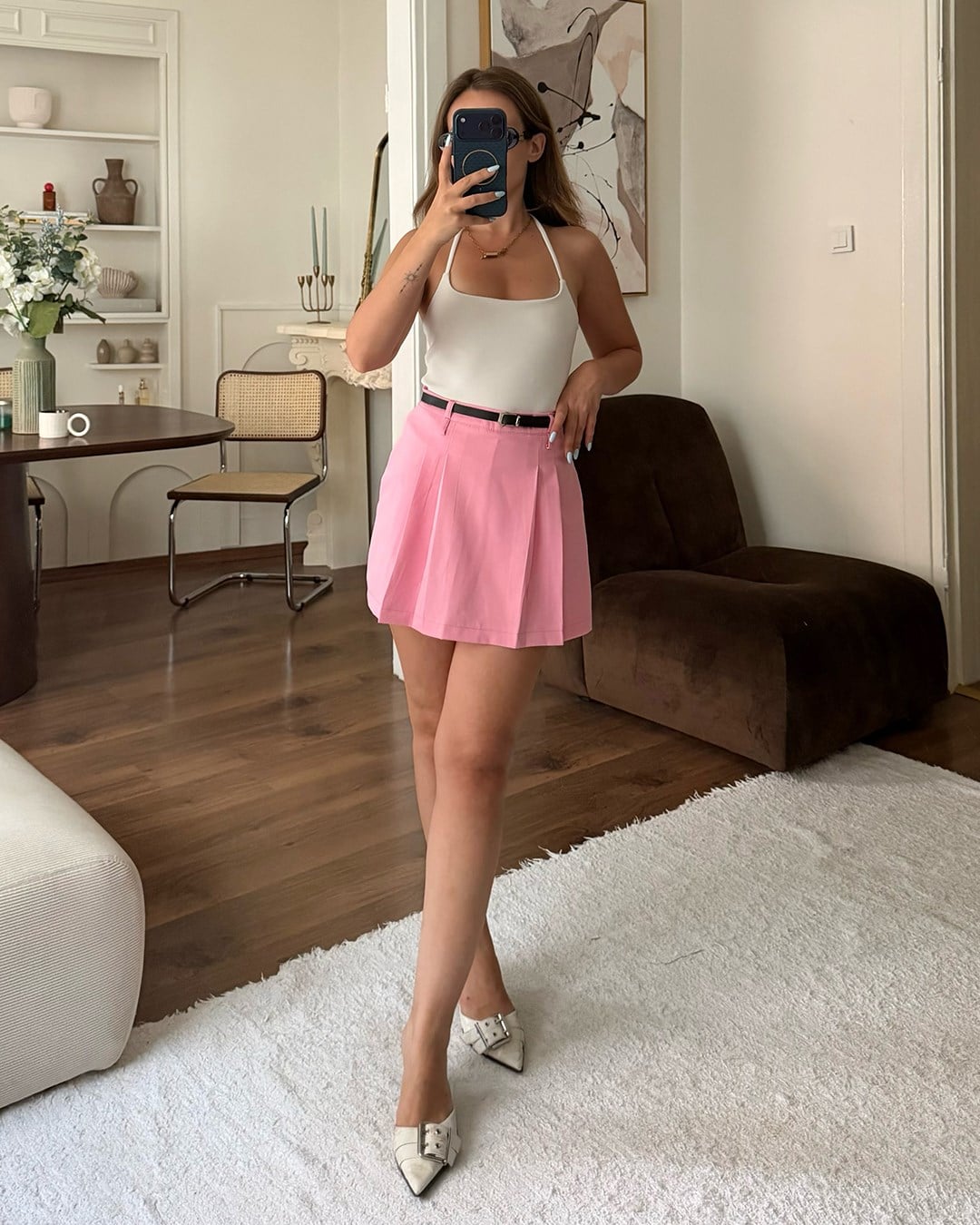 Pembe Kemer Detaylı Şort Etek