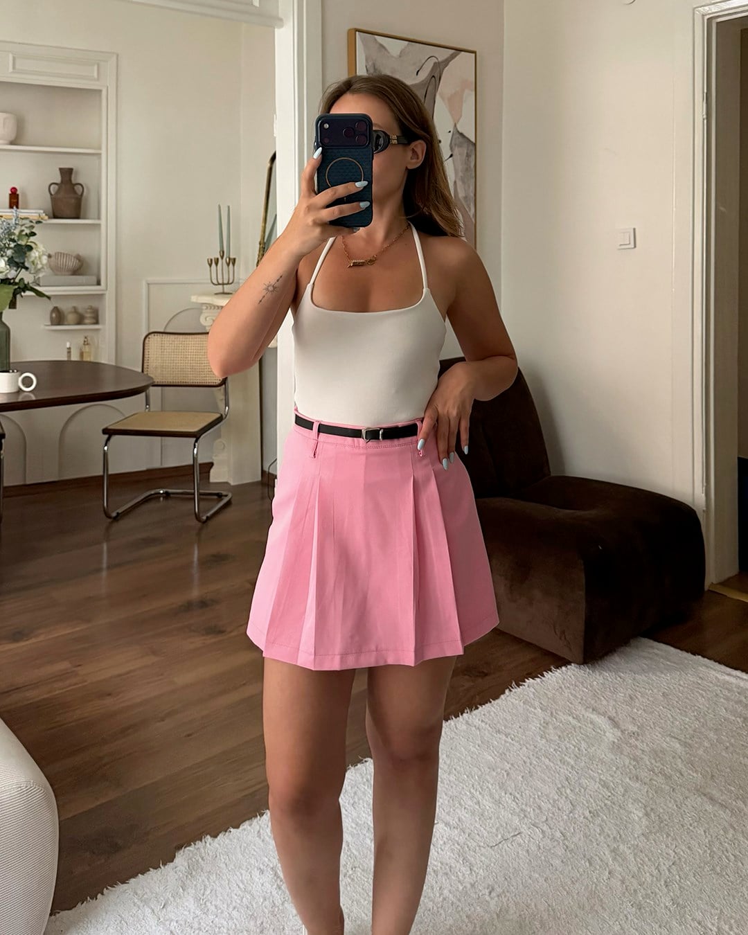 Pembe Kemer Detaylı Şort Etek