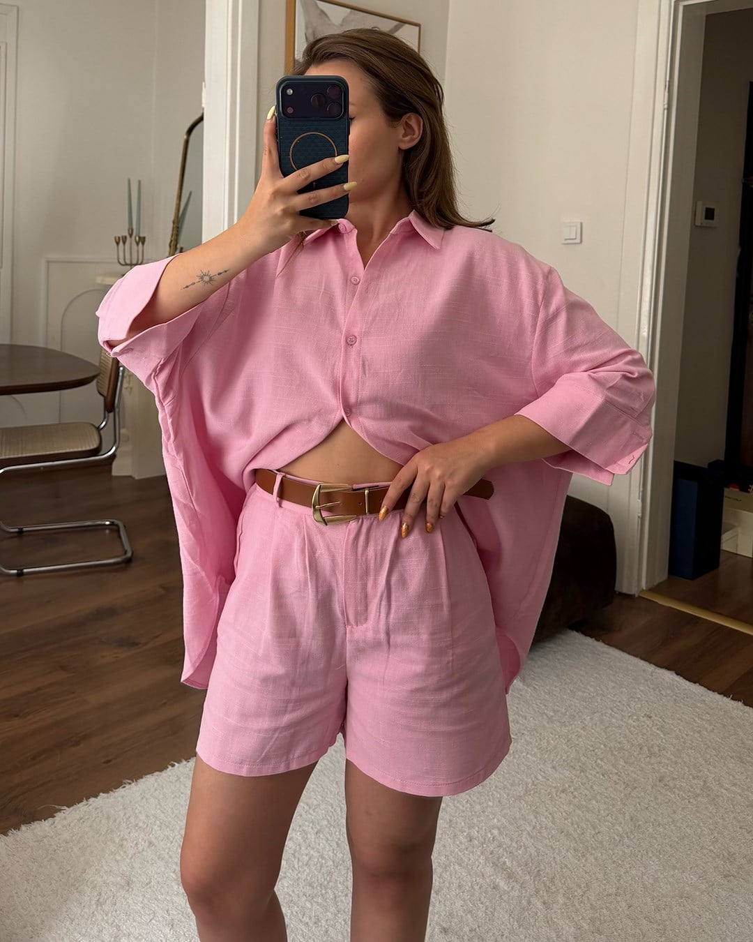 Pembe Kemerli Keten Şort Takım