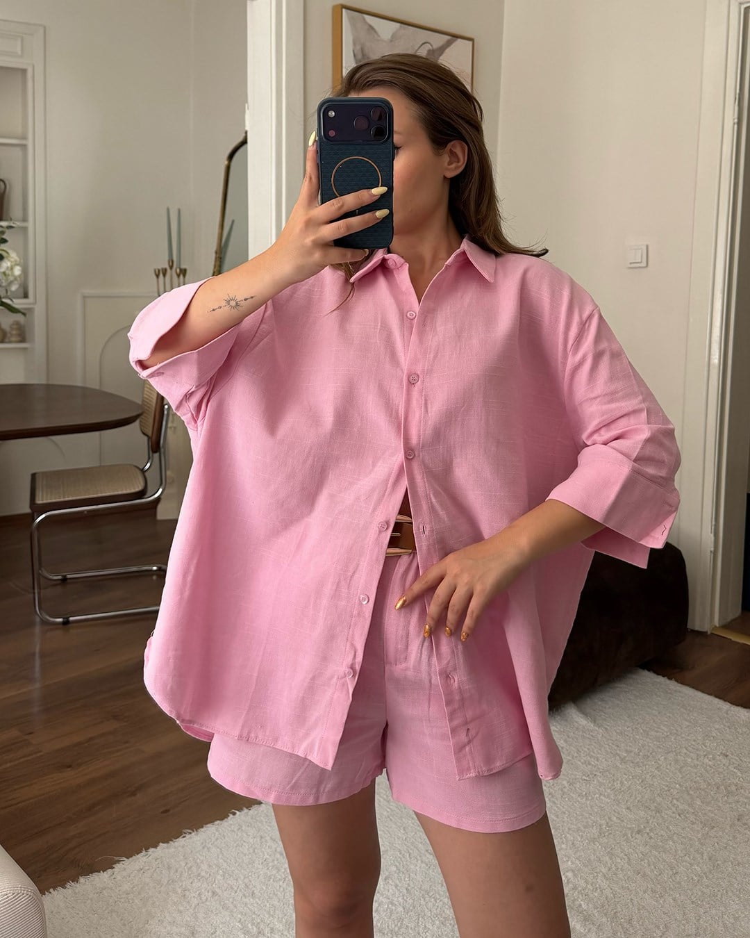 Pembe Kemerli Keten Şort Takım