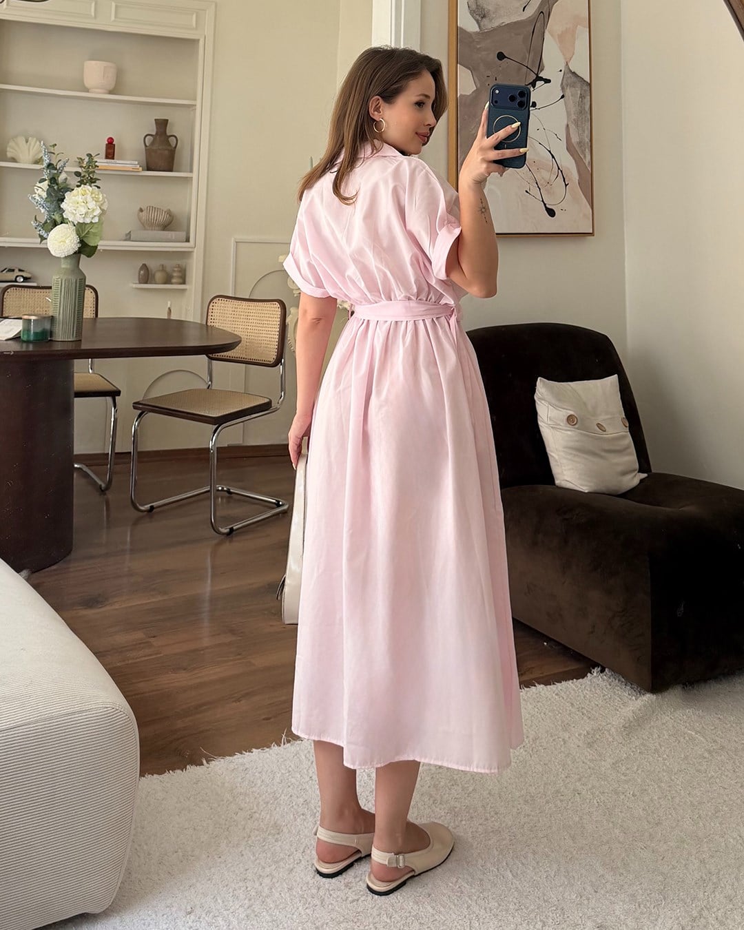 Pembe Kemerli Midi Elbise