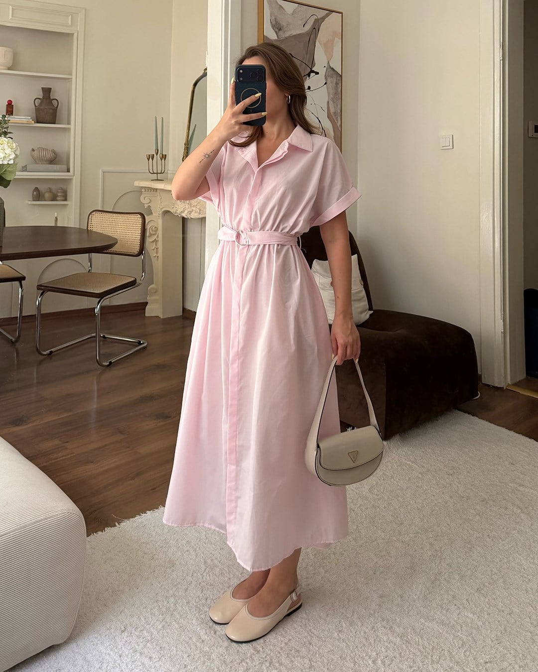 Pembe Kemerli Midi Elbise