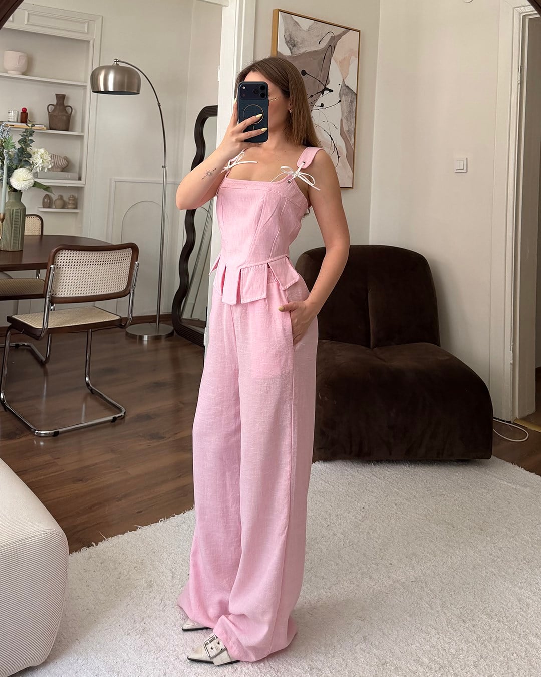 Pembe Keten Büstiyer Takım