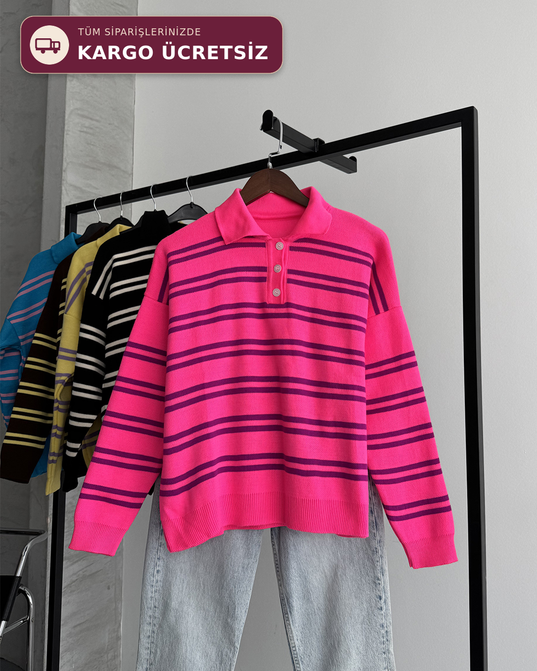 Polo Yaka Düğmeli Çizgili Oversize Fuşya Triko Kazak
