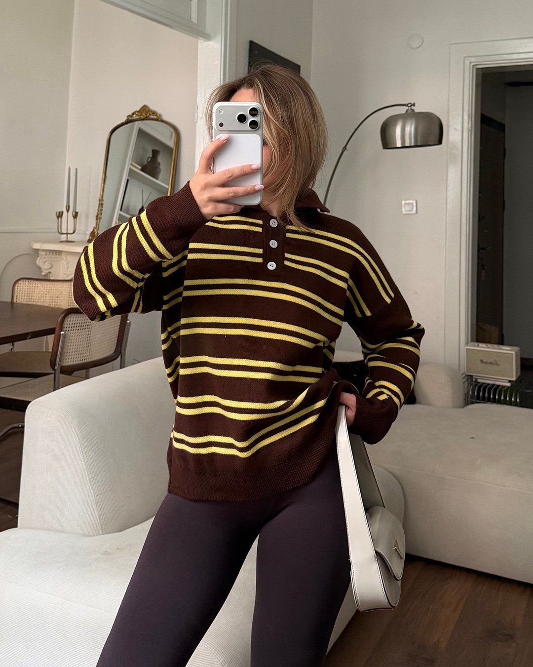Polo Yaka Düğmeli Çizgili Oversize Kahverengi Triko Kazak