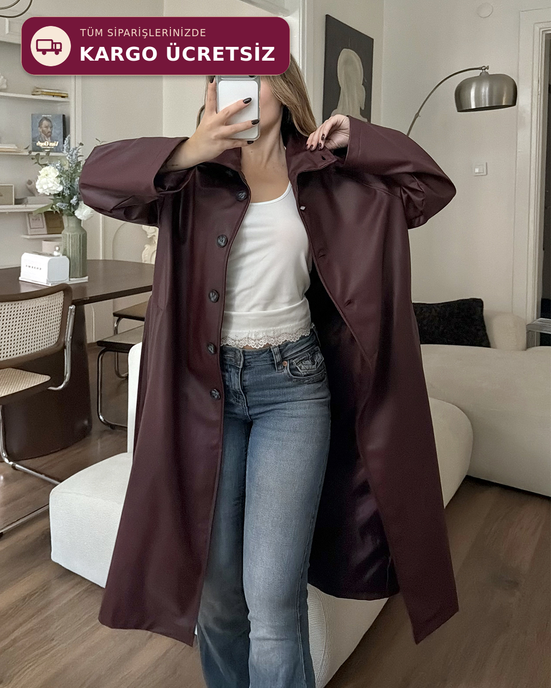 Premium Bordo Deri Uzun Trençkot