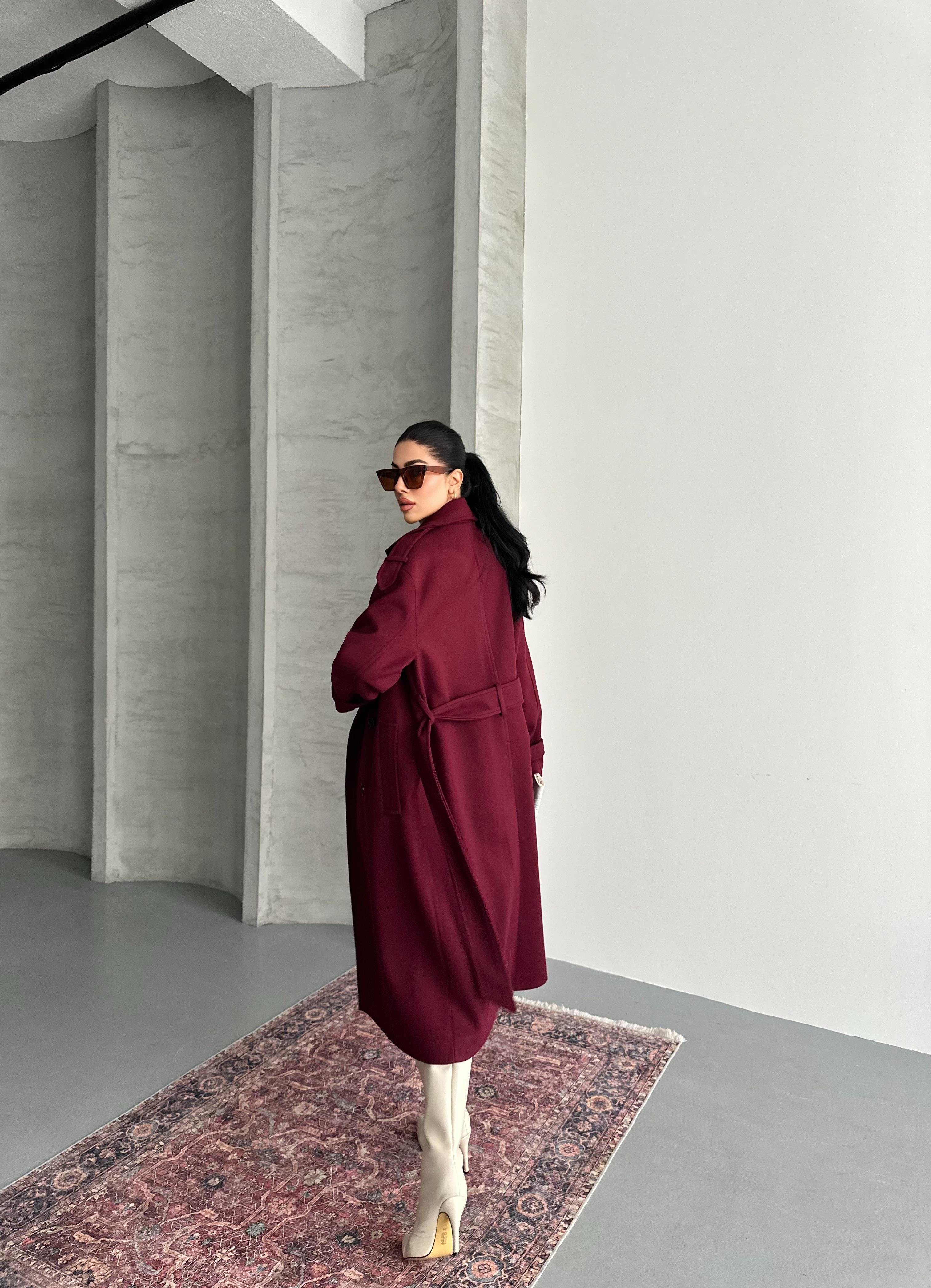 Premium Modern Bordo Kaşe Kaban