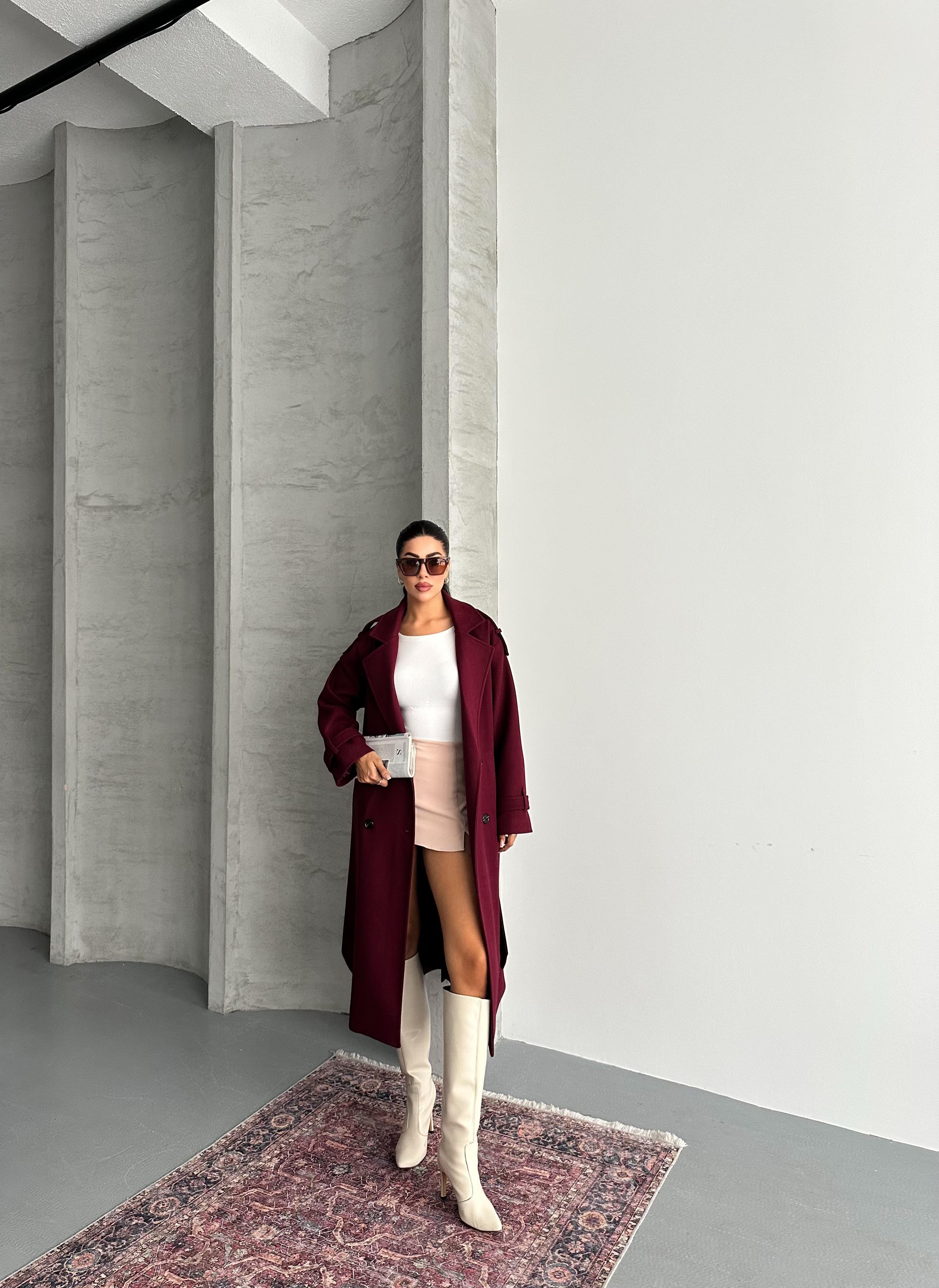 Premium Modern Bordo Kaşe Kaban